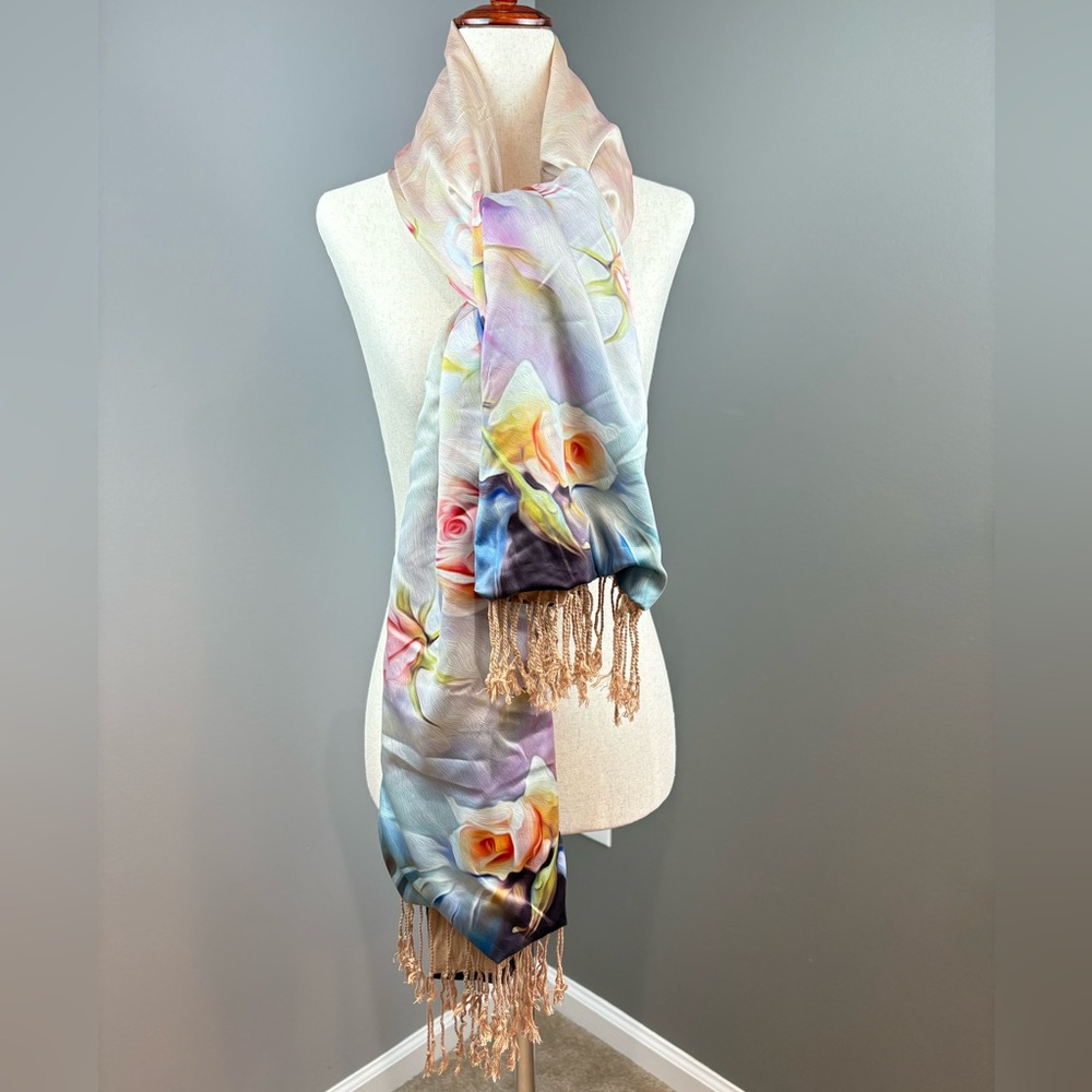 100% Silk Pashmina Scarf Long Rectangular 72x20 Rose Floral Gorgeous & Soft